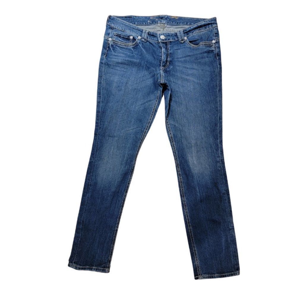 Seven7 Women's Blue Straight Leg Belt Loops Button Closure Jeans